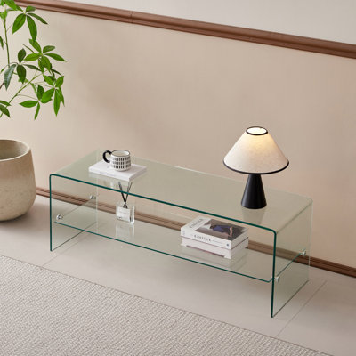 Clear Glass TV Table, Tempered Clear Glass TV Stand For Living Room