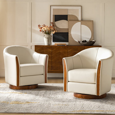 Fauteuil demi-tonneau pivotant en cuir véritable de 29 po Pocono avec base en bois massif Pocono