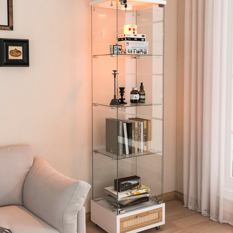 Stylish Four - Tier Tempered Glass Storage Case With Drawer, 13 Colour Led Lights And Flexible Mobility For Office Decor Antique Style Display Cabinet Locking Adjustable Small Bedrooms'