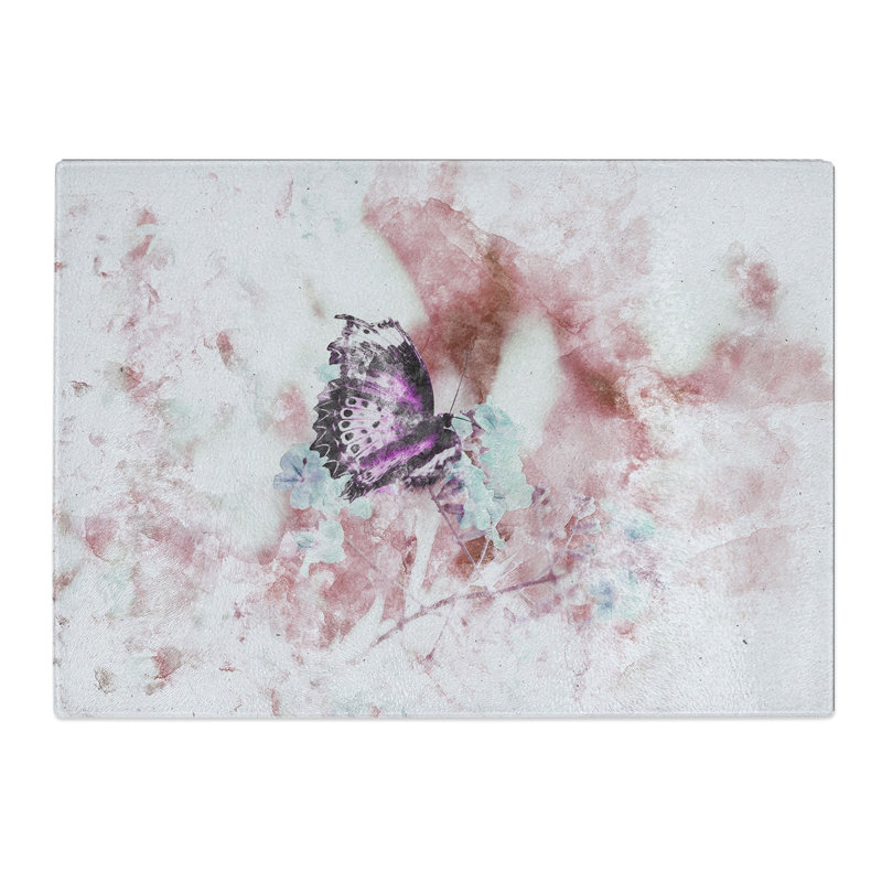 Tempered Glass a Butterfly upon a Flower Watercolour Chopping Board, 28.5 cm x 39 cm