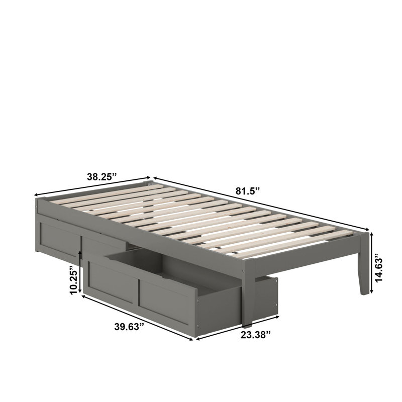 Lit plateforme avec rangement Aayanna, Gris, Simple TG