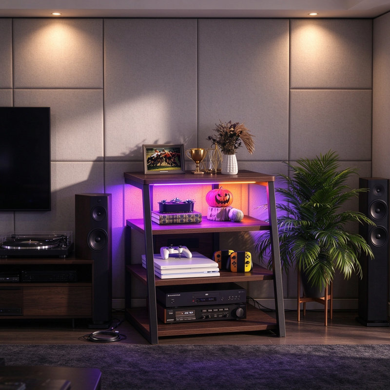 4-Tier Media Stand with LED & Outlets, Dark Walnut
