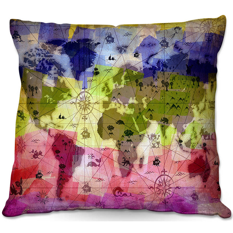 Housse et insert de coussin Couch Whimsical World Map III, H 16 po x l 16 po x P 4 po, Vert / rouge / bleu