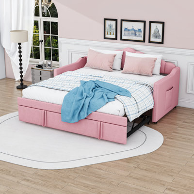 Upholstered Twin Daybed with Twin Pop-Up Trundle, USB & Type-C Ports and Pockets