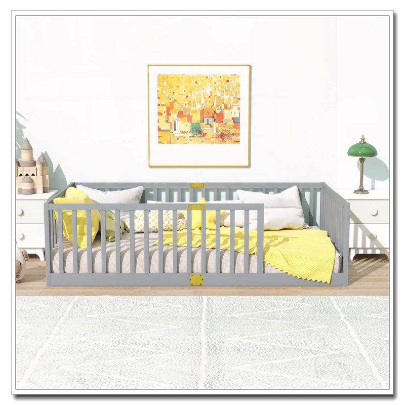 21.5"High Fence Railings Solid Wood  Floor Bed, Grey -without Door, Twin
