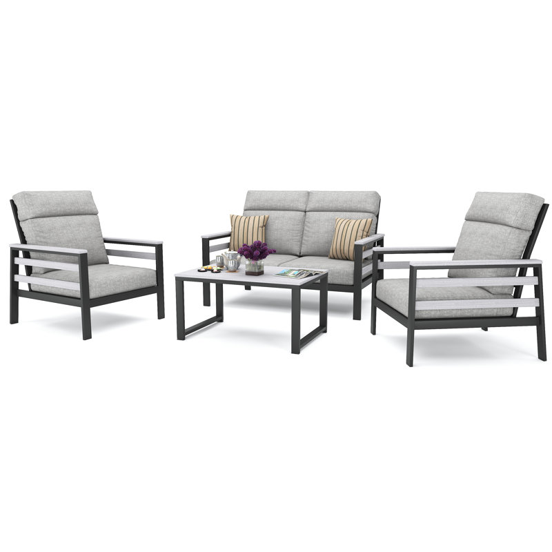 Ensemble de conversation pour 4 personnes avec coussins Sunbrella® Barbuda, Toile bleu marine, Gris foncé / Blanc