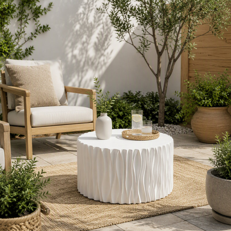 Table basse d'extérieur avec conception cannelée ondulée, sans assemblage pour patio, jardin ou balcon