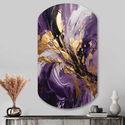 Purple And Gold Liquid Magic II - Abstract Cylinder Shape Asymmetric Metal Wall Art