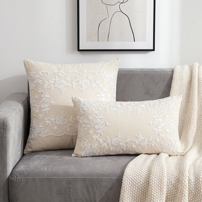 Floral Embroidered Throw Pillow Set of 2 with Inserts – Beige Decorative Cushions,  Farmhouse French Country Sofa Couch Bed