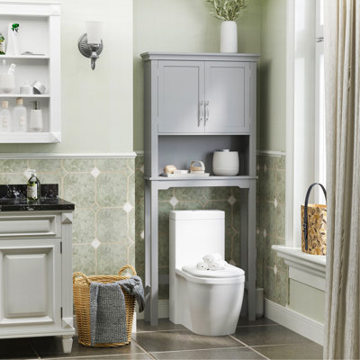 Modern Over The Toilet Storage Cabinet, Double Door Bathroom Organizer With Inner Adjustable Shelf And Open Shelf, Grey