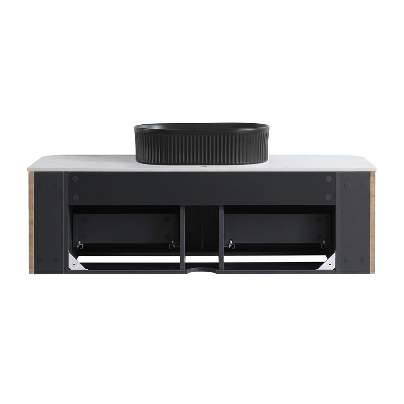 Meuble-lavabo de salle de bain moderne et incurvé, Honey Oak, 48, Black