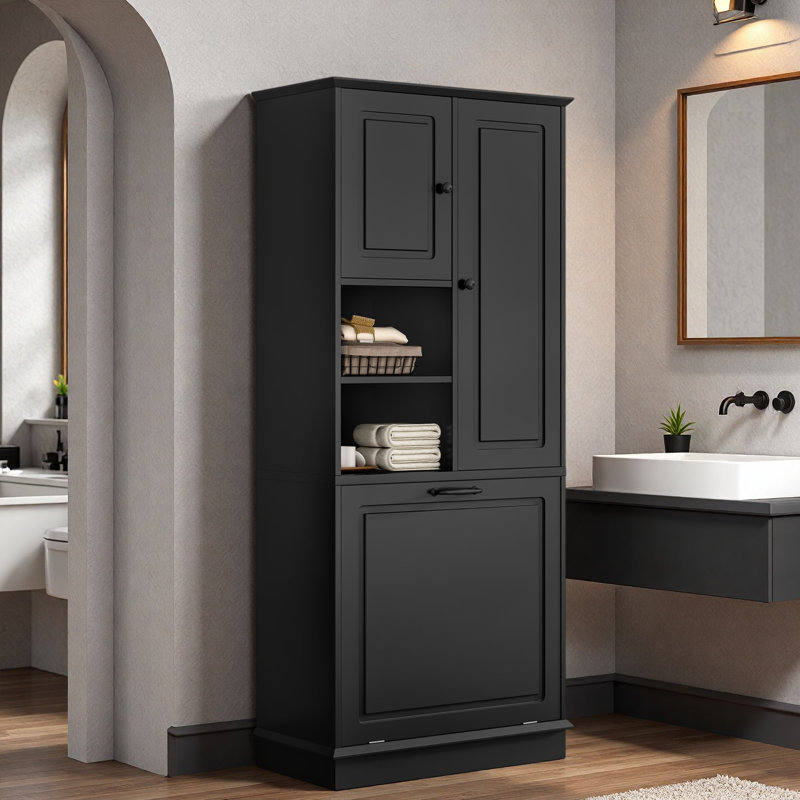 Grande armoire de rangement pour salle de bain avec tablettes réglables, grand panier rabattable et armoires fermées, Noir