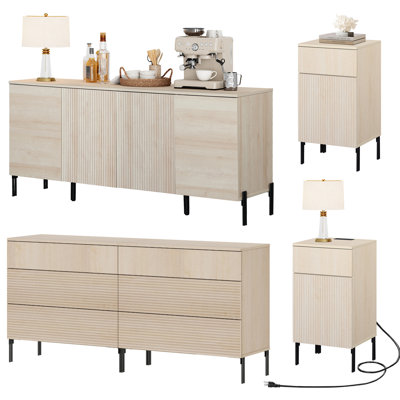 WAMPAT 5-Piece Bedroom Set with 4-Door Sideboard, 2 3-Drawer Dressers & 2 Charging Nightstands, Push-to-Open Fluted Wooden Storage Set for Bedroom, Living Room & Entryway, Beige