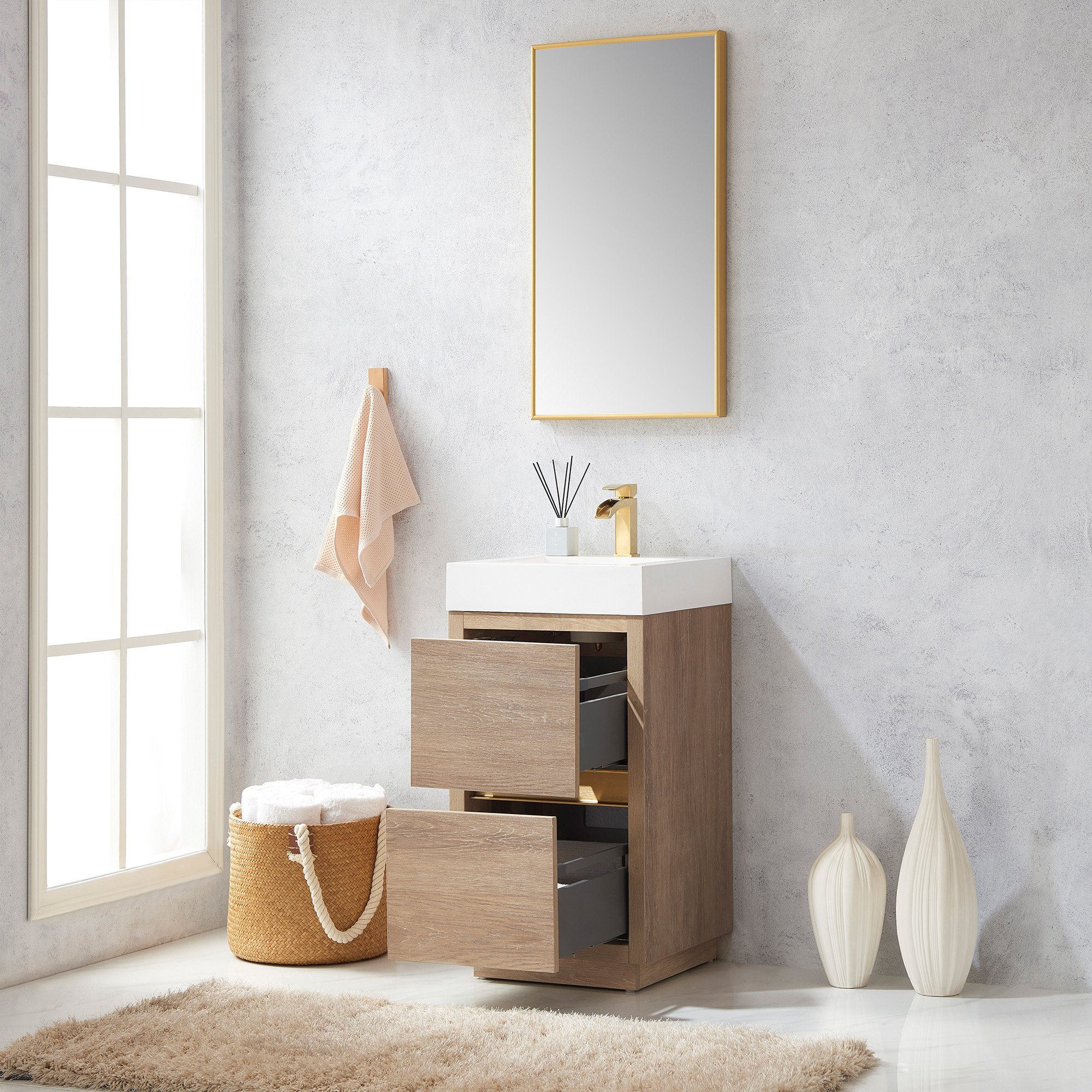 Beira 17.7'' Single Bathroom Vanity, White, North American Oak