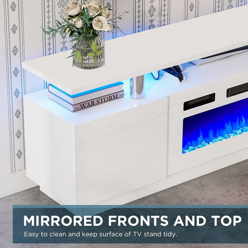 Fireplace TV Stand, All White – 36" Electric Fireplace Media Console With Open Storage And LED Lights For Tvs Up To 80"