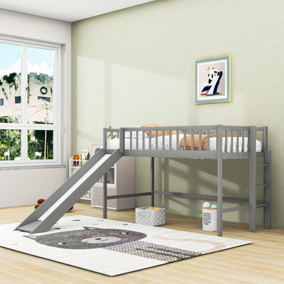 Wood Twin Low Loft Bed With Ladder, Slide And Guardrails by Harriet Bee