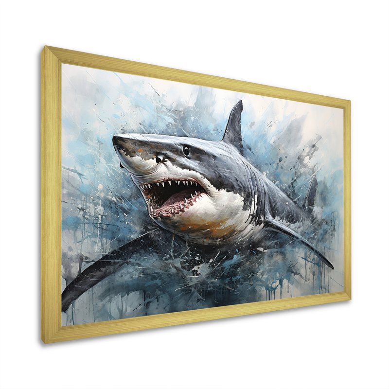 Minimalisme, requin bleu, peinture - art mural requin, Cadre doré simple, H 34 po x l 44 po x P 1,5 po