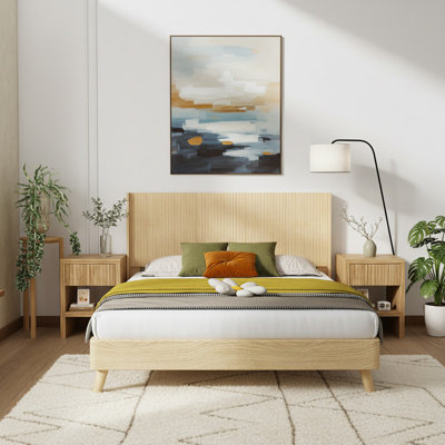 Modern Farmhouse Wall-Mounted Wooden Headboard, Fluted Panel with Wingback Design