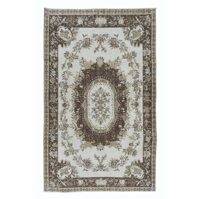 Classic Aubusson Vintage Rug in Beige and Brown, Sun Faded Hand Knotted Wool Carpet