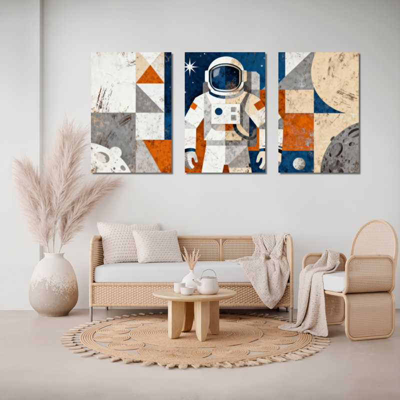 «Retro Astronaut Space Exploration», impression sur toile tendue à motif géométrique rétro (ensemble de 3), H 36 po x l 72 po