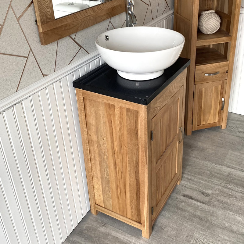 Scurlock 515mm Single Bathroom Vanity with Vessel Stone Basin, Oak, Black Quartz