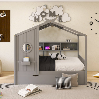 Wood Frame Full Size House Bed With Trundle And Storage Shlef