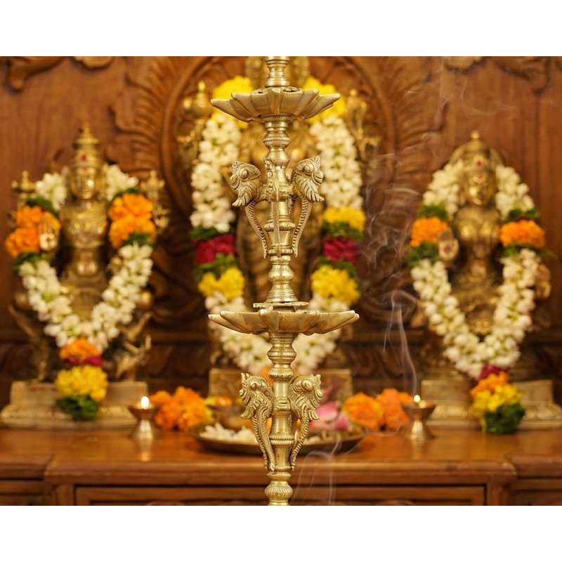 33 Inch Handcrafted Brass Peacock Floor Oil Lamp, Traditional Indian Diya for Entryway, Living Room and Puja Room Decor