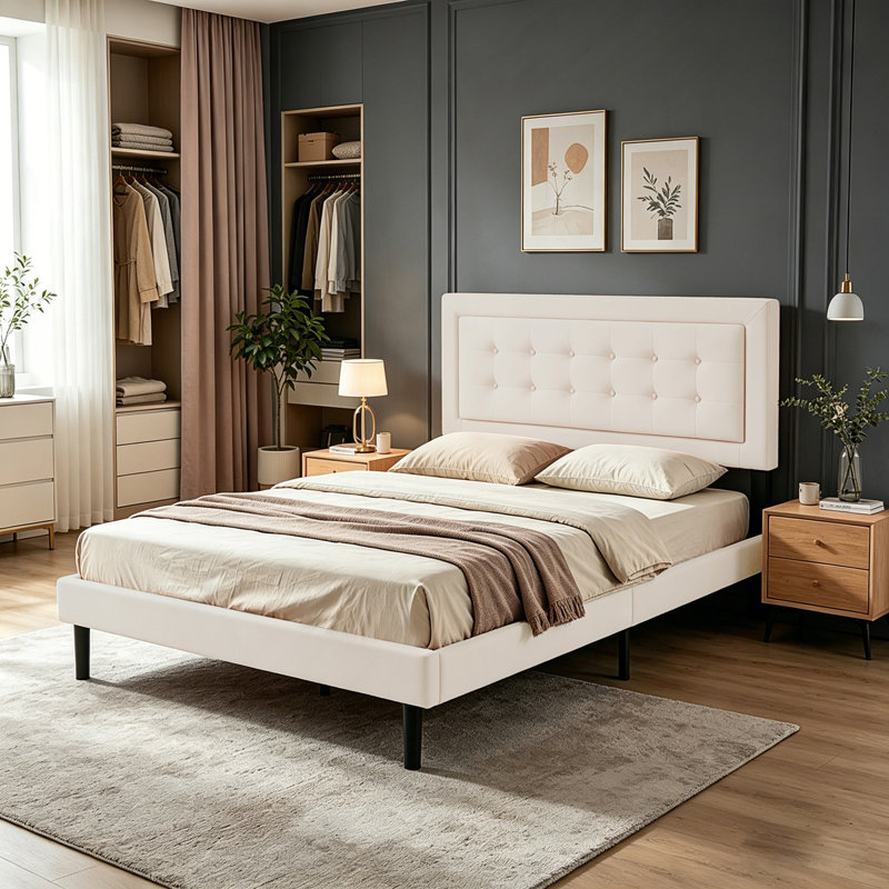 Structure de grand lit plateforme avec tête de lit tapissier et support à lattes de bois. Pas de sommier tapissier requis, beige