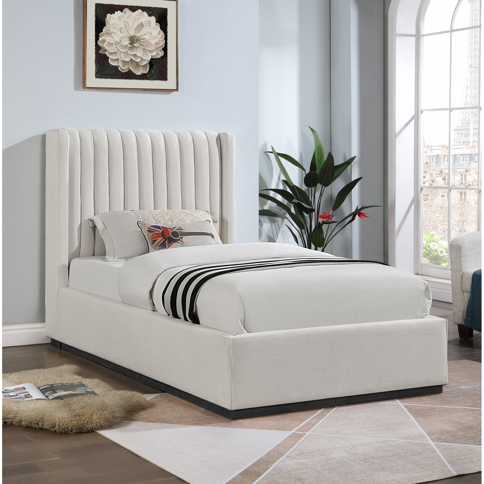 Chamblis Linen Upholstered Bed, Beige Linen Textured Fabric, Twin