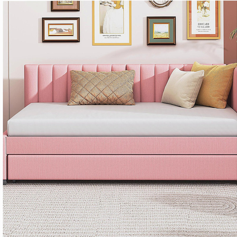 Storage sofa bed frame with a linen fabric cover, no bed panel., Pink
