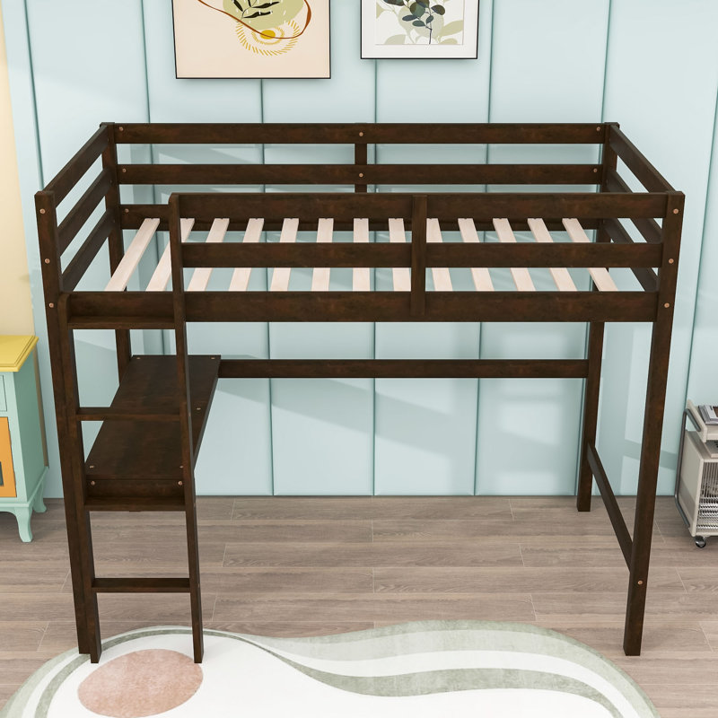 Twin Wood Loft Bed With Guardrail And Built-In Desk, Espresso