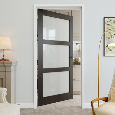 Porte pré-suspendue 32 po x 80 po en verre givré noir à 3 lumières avec levier incurvé et charnières argentées, plaque de porte d'intimité en verre, insonorisant et imperméable, combinaison pour la lessive, portes de placard, portes de pièce, main gauche