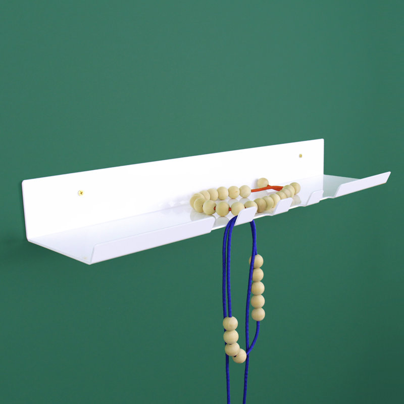Metal Floating Shelf With Hooks, 3" H x 24" W x 5.37" D, White