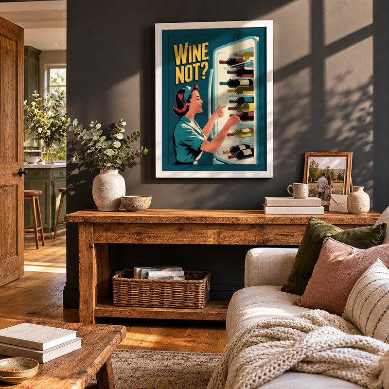 Wine Not Refreshed Retro - Framed Print, A4 - 29.7 x 21.0 cm, Walnut