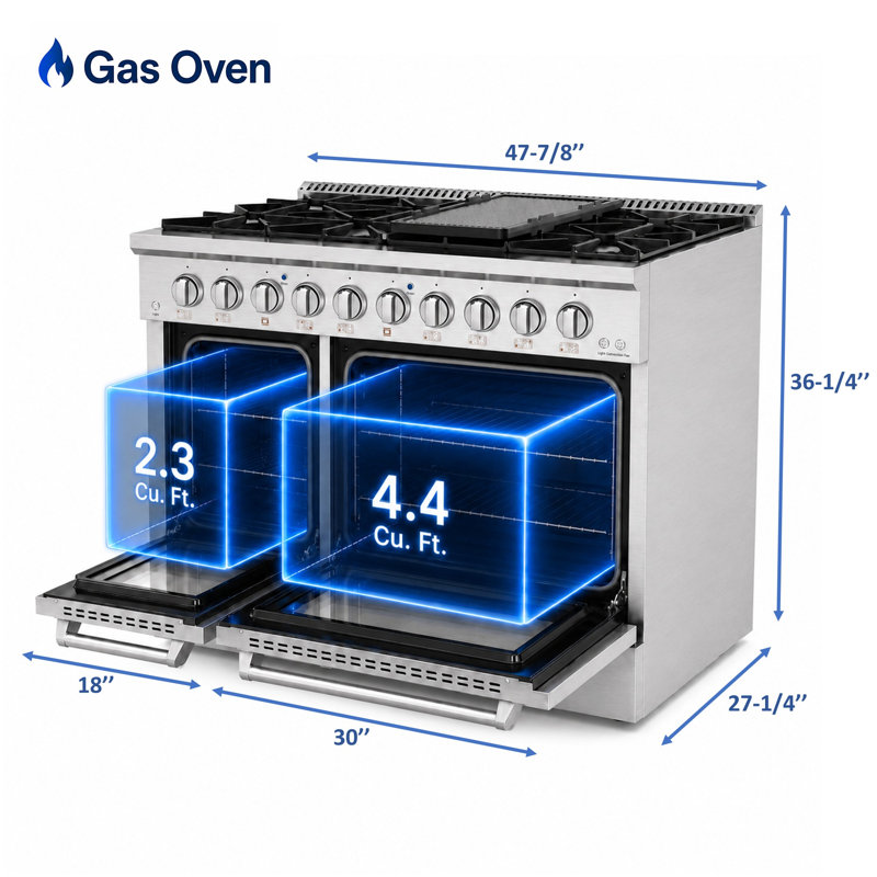 Cuisinière à gaz propane liquide Awoco 48 po, autoportante, en acier inoxydable, 6,7 pi³