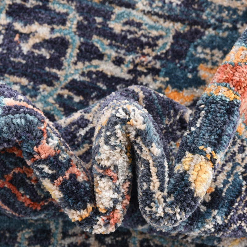 Tapis bleu marine à motif floral Alkire, Rectangle 6 pi x 9 pi 2 po