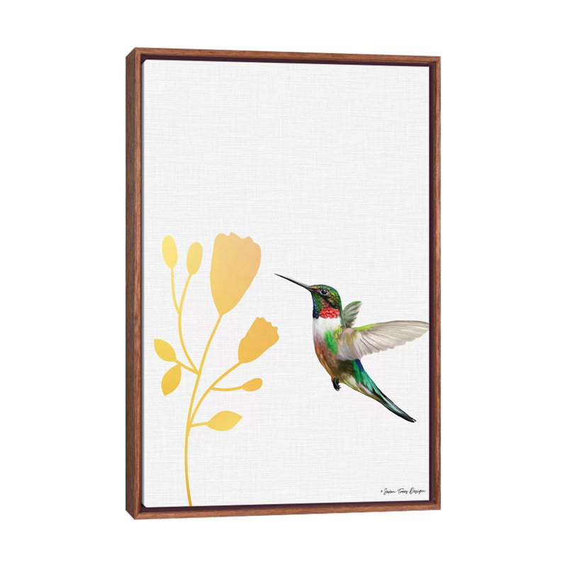 Colibri et la fleur - reproduction d'art, H 26 po x l 18 po x 1,5 po, Toile avec cadre en bois brun, Aucun mat