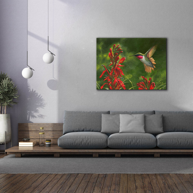 «Seeing Red - Colibri et cardinal fleur sur toile» par Mark Mueller, reproduction d'art animalier