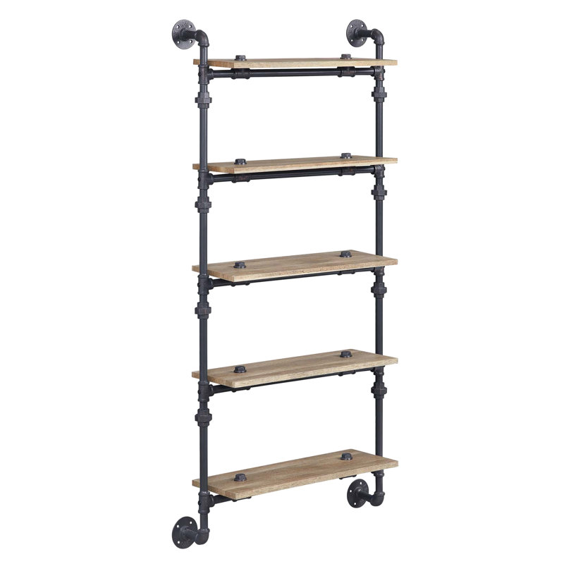 Tablette flottante murale à 5 niveaux avec tube en métal, finition chêne, aspect de conduite d'eau, idéale pour la décoration de bureau et le rangement, l 9 po de largeur, cadre de 12 po, style, présentoir de rangement, tablette