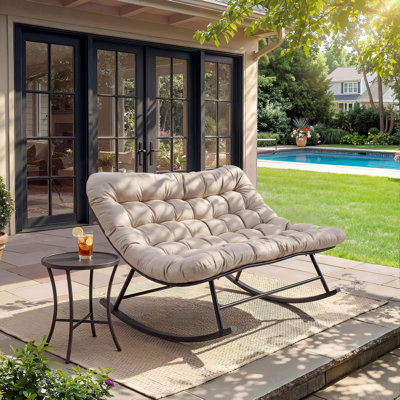 Chaise berçante double Papasan avec coussin, chaise berçante en rotin avec cadre en métal pour patio, balcon, porche ou salon