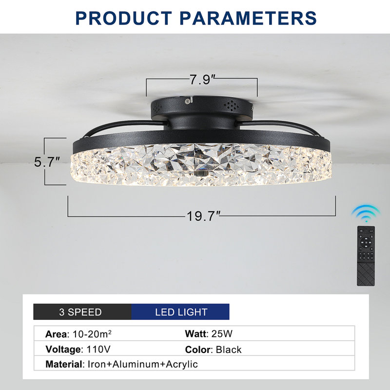 Ceiling Fan With Lights Dimmable LED, Black