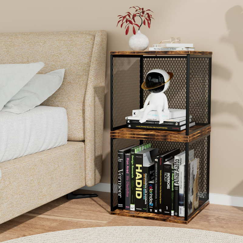 2 Compartment Storage Organizer, DIY Variable Stackable Wood And Metal Cube Shelves, Brown