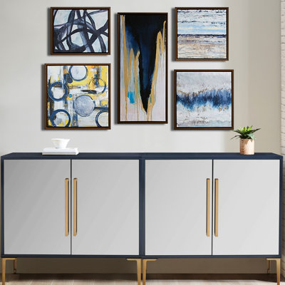 5, art mural abstrait avec toiles bleues, grises et jaunes et magnifiques toiles, 5 en bronze