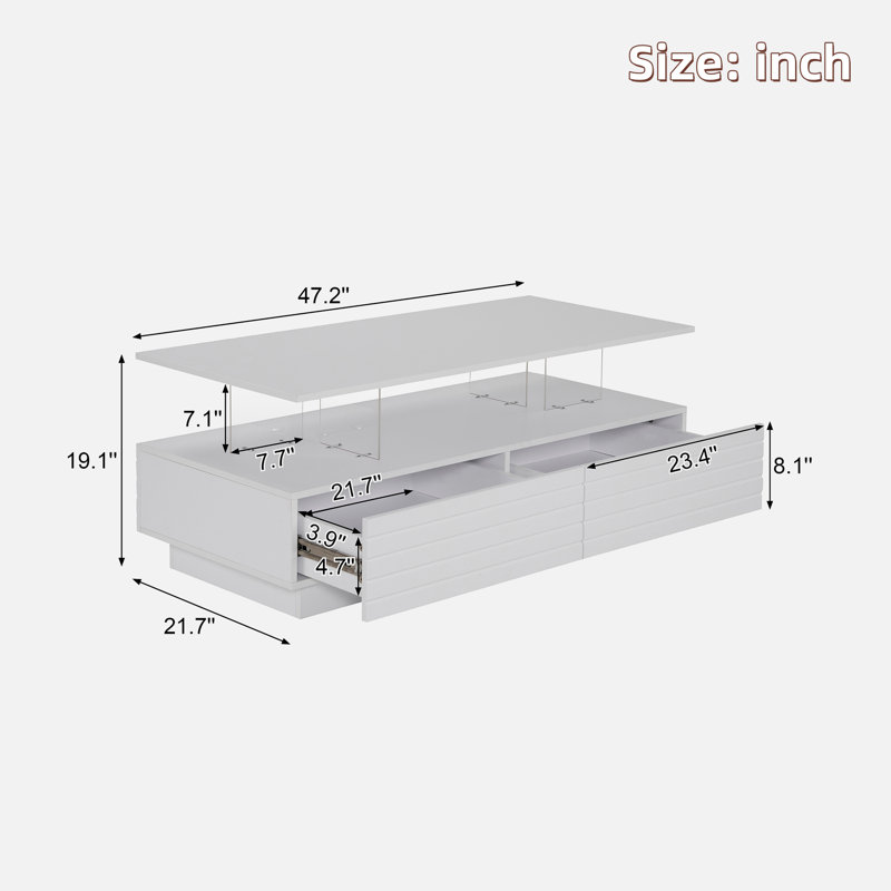 Modern Rectangular Coffee Table With Led Lights, 2 Drawers And Open Storage Shelf, White