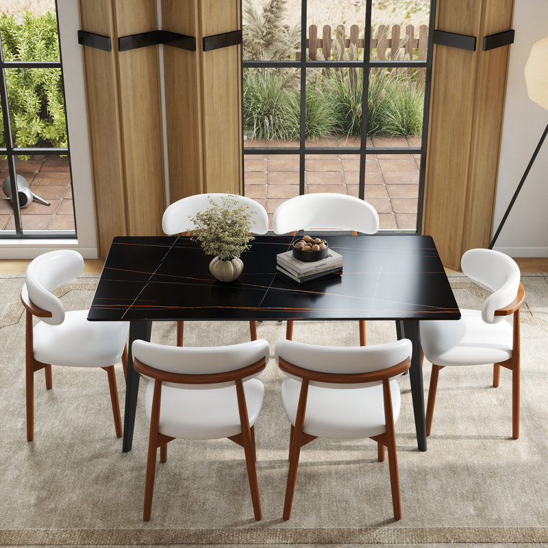 Juvan Modern 7-Piece Rectangular Marble Dining Table Set With 6 Faux Leather Chair, Lauren Blackgold, White/Brown