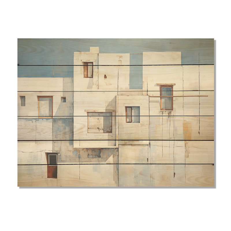 «Soft Color Cubic Beach House I - Coastal Windows», art mural sur bois de pin naturel, H 10 po x l 20 po