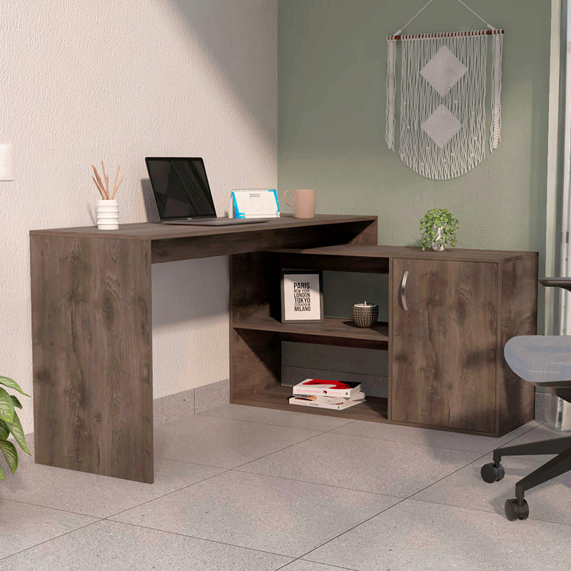 2-Shelf L-Shaped Writing Desk Dark Brown, Brown