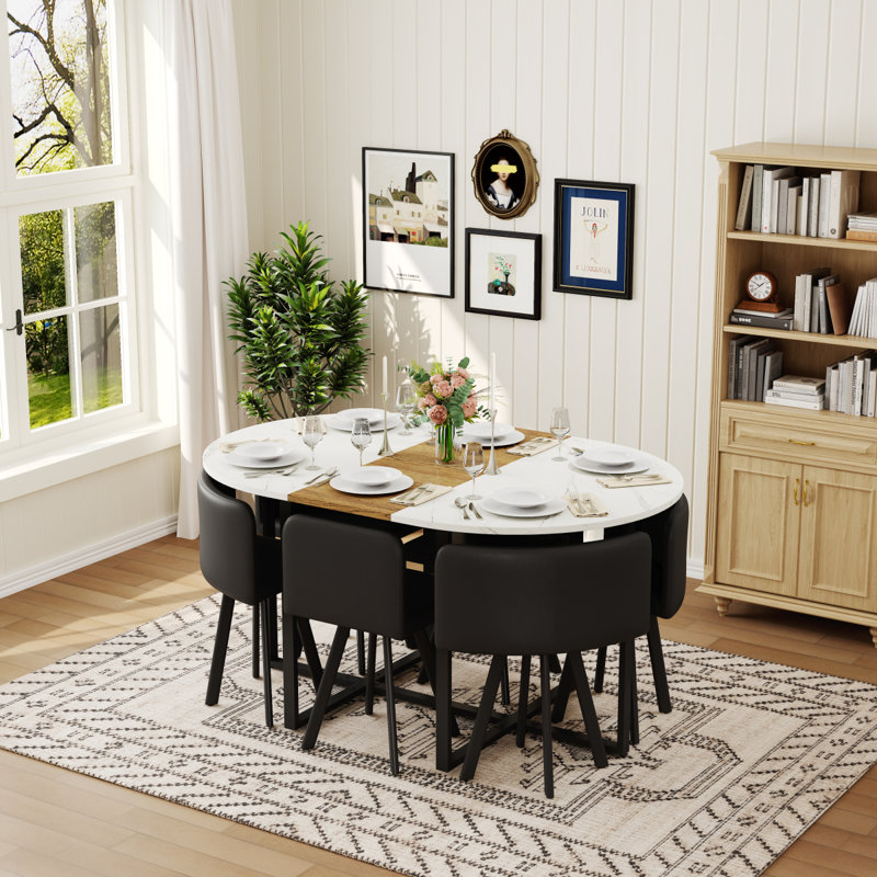 Ensemble de table de salle à manger 7 pièces ovale, plateau fixe en triamine blanche et grain de bois avec 6 chaises en cuir synthétique, ensemble de table de cuisine moderne pour 6 personnes, idéal pour les petits espaces, appartement