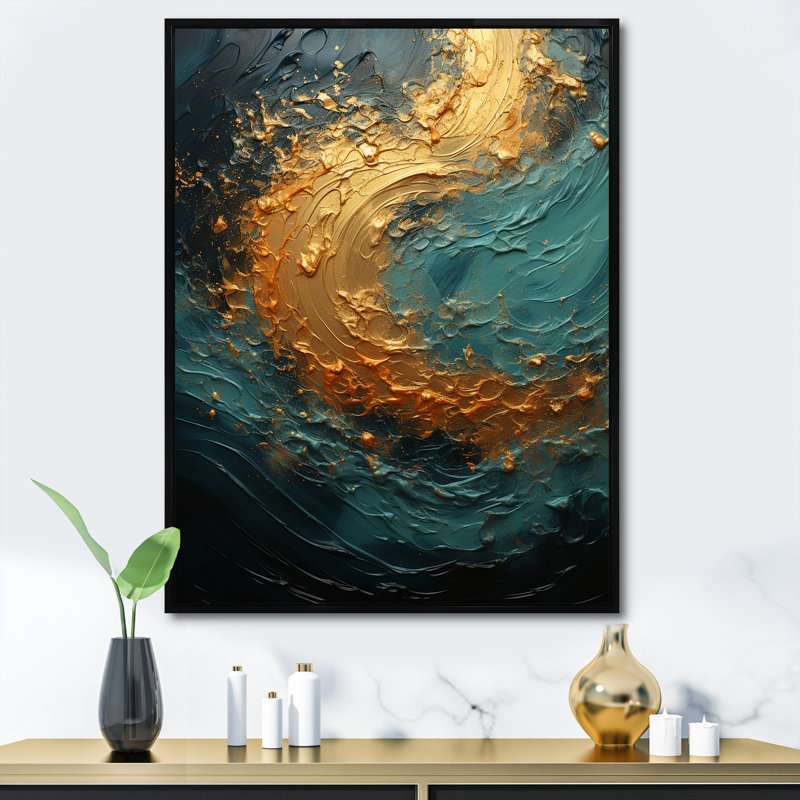 Impression sur toile Golden Emerald Surge II - Abstract Spirals, H 44 po x l 34 po x P 1,5 po, Cadre flottant noir