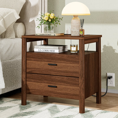 24" Large Nightstand with Charging Station, Solid Round Post Legs, 2 Drawers End Table with Open Shelf